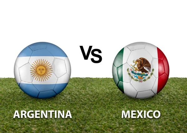 Два Мяча Флагами Соперничающих Стран Аргентина Mexico Траве Чемпионата Мира — стоковое фото