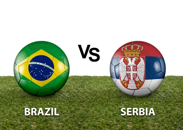 Два Мяча Флагами Соперничающих Стран Бразилия Сербия Траве Катара 2022 — стоковое фото