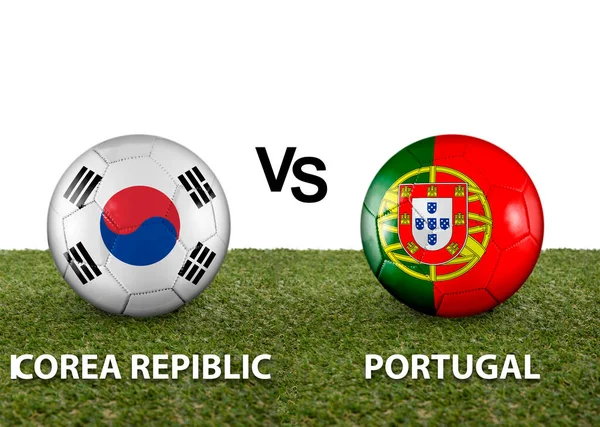 Dwie Piłki Flagami Rywalizujących Krajów Republika Korei Portugalia Trawie Katarskiego — Zdjęcie stockowe