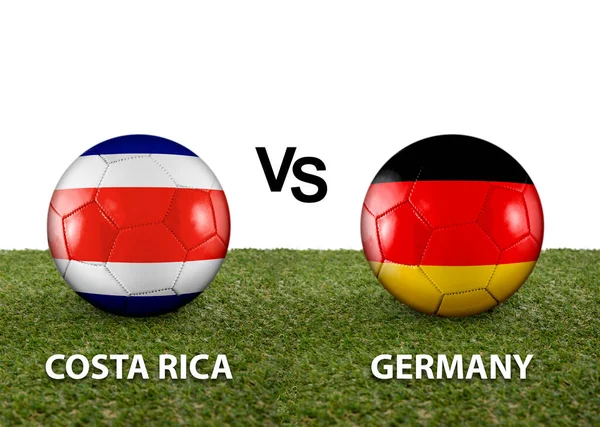 Two balls with the flags of rival countries Costa Rica vs Germany on the grass of a Qatar 2022 world cup soccer field on a white background.