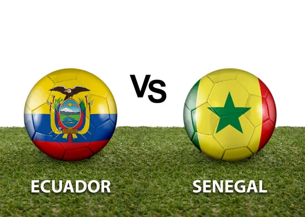 Two balls with the flags of rival countries Ecuador vs Senegal on the grass of a Qatar 2022 world cup soccer field on a white background.