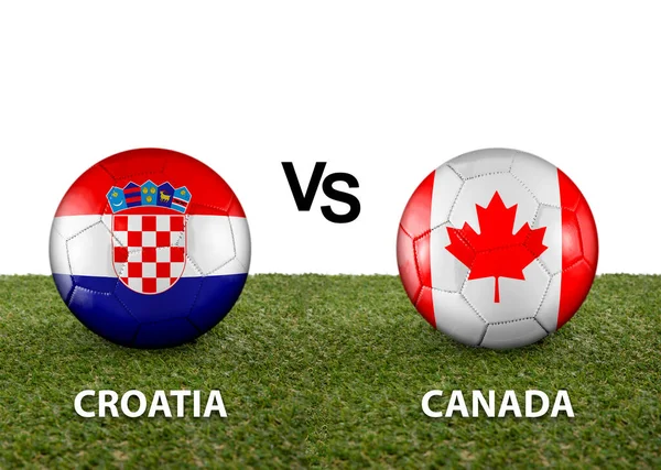 Two balls with the flags of rival countries Croatia vs Canada on the grass of a Qatar 2022 world cup soccer field on a white background.