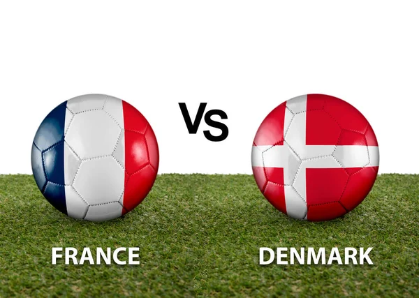 Two balls with the flags of rival countries France vs Denmark on the grass of a Qatar 2022 world cup soccer field on a white background.