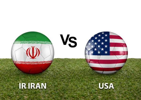 Two balls with the flags of rival countries IR IRAN vs USA on the grass of a Qatar 2022 world cup soccer field on a white background.