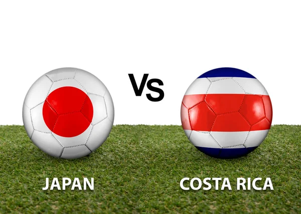 白い背景にカタール2022ワールドカップサッカーフィールドの芝生の上で日本対コスタリカのライバル国の旗を持つ2つのボール — ストック写真