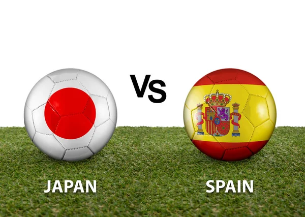 Two balls with the flags of rival countries Japan vs Spain on the grass of a Qatar 2022 world cup soccer field on a white background.
