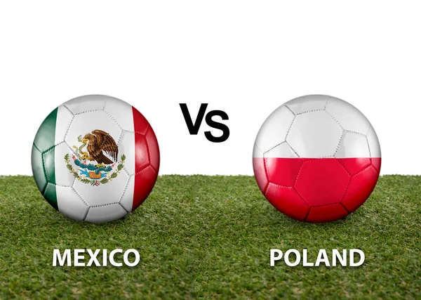Two balls with the flags of rival countries Mexico vs Poland on the grass of a Qatar 2022 world cup soccer field on a white background.