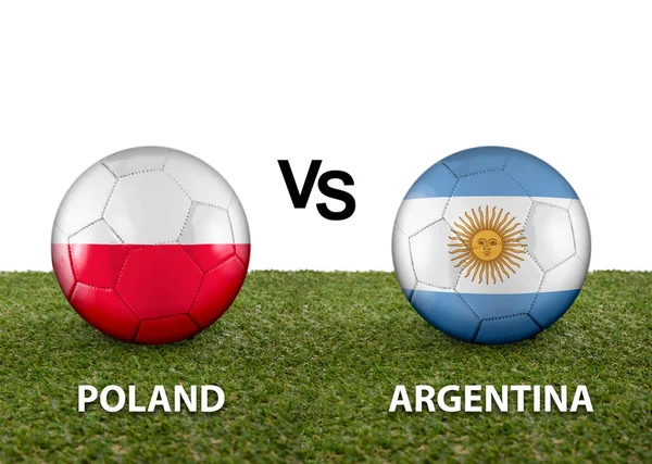 Duas Bolas Com Bandeiras Países Rivais Polônia Argentina Grama Campo — Fotografia de Stock