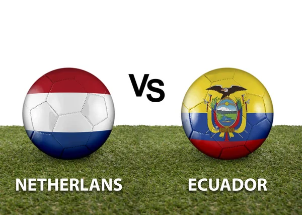 Two balls with the flags of rival countries Netherlands vs Ecuador on the grass of a Qatar 2022 world cup soccer field on a white background.