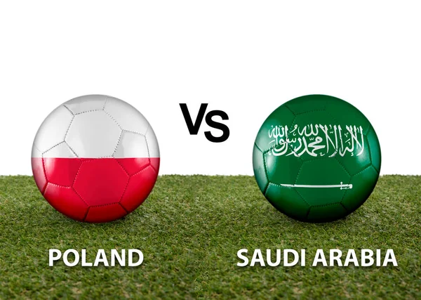 Two balls with the flags of rival countries Poland vs Saudi Arabia on the grass of a Qatar 2022 world cup soccer field on a white background.