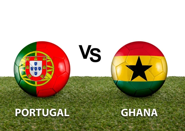 Dwie Piłki Flagami Rywalizujących Krajów Portugalia Ghana Trawie Kataru 2022 — Zdjęcie stockowe
