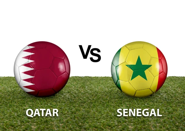 Two balls with the flags of rival countries Qatar vs Senegal on the grass of a Qatar 2022 world cup soccer field on a white background.