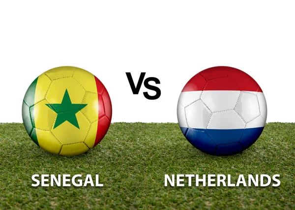 Two balls with the flags of rival countries Senegal vs Netherlands on the grass of a Qatar 2022 world cup soccer field on a white background.