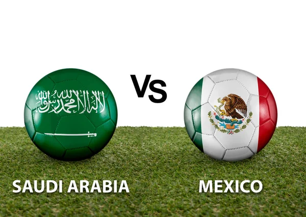 Two balls with the flags of rival countries Saudi Arabia vs Mexico on the grass of a Qatar 2022 world cup soccer field on a white background.