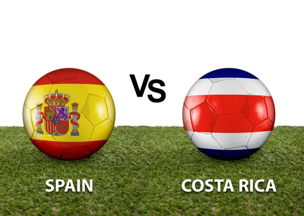Two balls with the flags of rival countries Spain vs Costa Rica on the grass of a Qatar 2022 world cup soccer field on a white background.