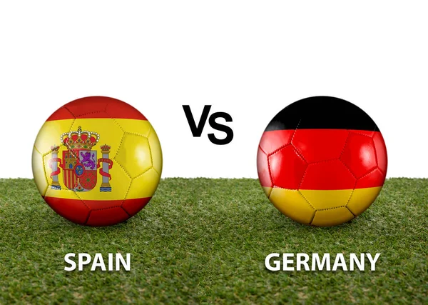 Two balls with the flags of rival countries Spain vs Germany on the grass of a Qatar 2022 world cup soccer field on a white background.