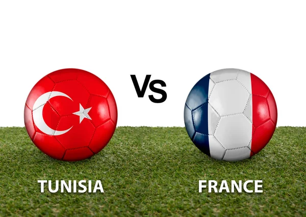 Two balls with the flags of rival countries Tinisia vs France on the grass of a Qatar 2022 world cup soccer field on a white background.