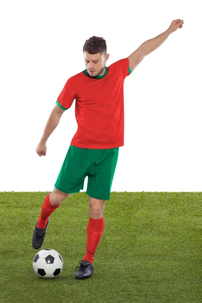 Jogador Futebol Profissional Com Camisa Vermelha Seleção Marrocos Prestes Marcar — Fotografia de Stock