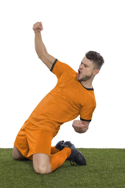Jogador Futebol Profissional Com Uma Camisa Laranja Seleção Holandesa Gritando — Fotografia de Stock