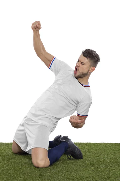 Fußballprofi Weißen Trikot Der Nationalmannschaft Schreit Vor Begeisterung Nach Einem — Stockfoto