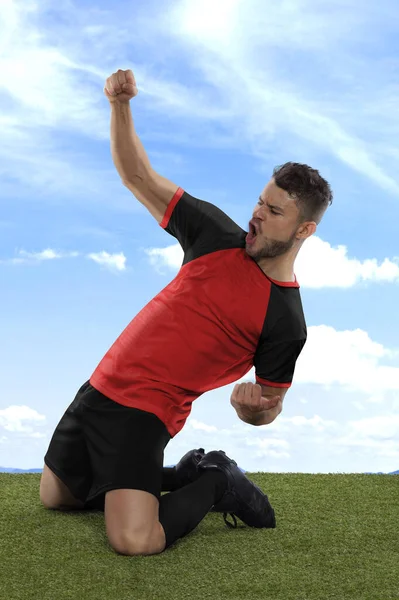 Jogador Futebol Profissional Com Uma Camisa Vermelha Preta Equipe Nacional — Fotografia de Stock
