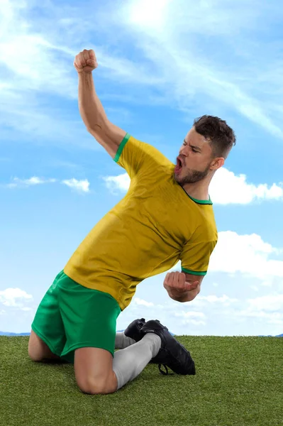 职业足球运动员 身穿黄色和绿色的国家队球衣 为进球而兴奋地大喊 在球场的草地和云彩背景上表现出挑战和快乐的表情 — 图库照片