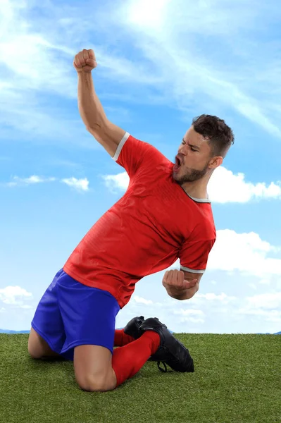 Jogador Futebol Profissional Com Uma Camisa Vermelha Azul Equipe Nacional — Fotografia de Stock