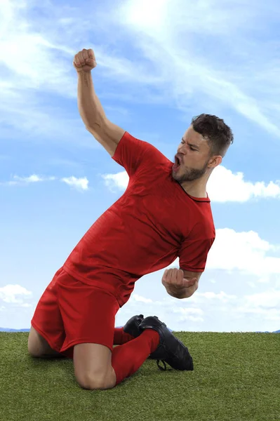 Jugador Fútbol Profesional Con Una Camiseta Selección Nacional Dinamarca Roja —  Fotos de Stock