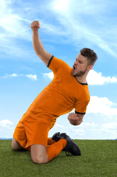 荷兰职业足球运动员 身穿橙色国家队球衣 为进球而激动地大喊 在球场的草场和云彩的背景下表现出挑战和快乐 — 图库照片