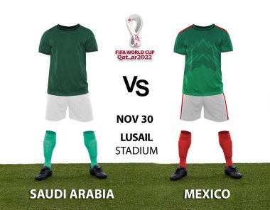 Beyaz arka plandaki ülkelerin SAUDI ARABIA-S MEXICO üniformaları arasındaki maç. FIFA Dünya Kupası Katarı 2022. Program, tarih, zaman ve stadyum. FIFA Dünya Kupası 2022. Düzenleyici Kullanımı.
