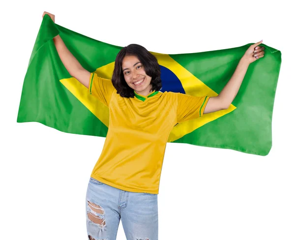 Mladý Fotbalový Fanatik Žena Žlutým Sportovním Dresem Vlajkou Brazílie Rukou — Stock fotografie