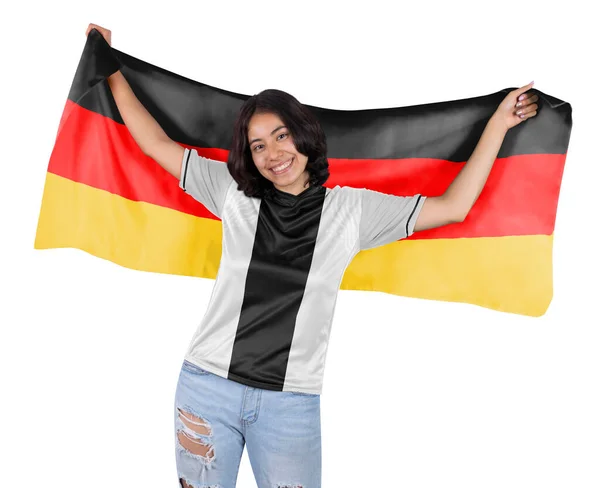 Молодой Футбольный Фанатик Белой Черной Спортивной Майкой Флагом Германии Руках — стоковое фото