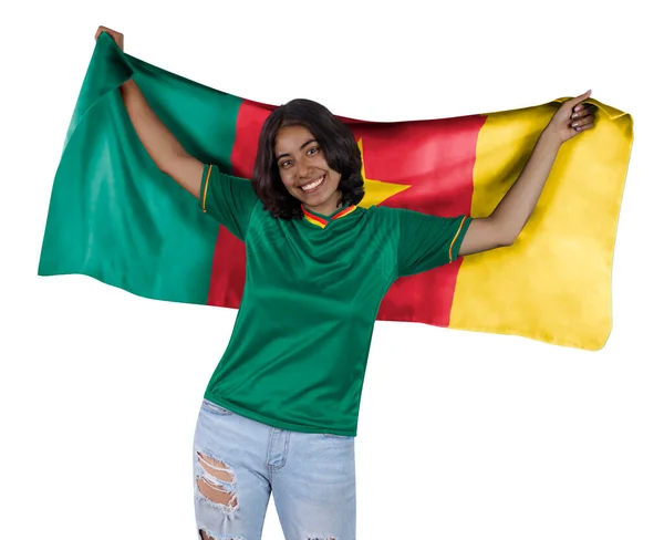 Fiatal Futball Fanatikus Zöld Sport Mez Zászló Kamerun Kezében Boldog — Stock Fotó