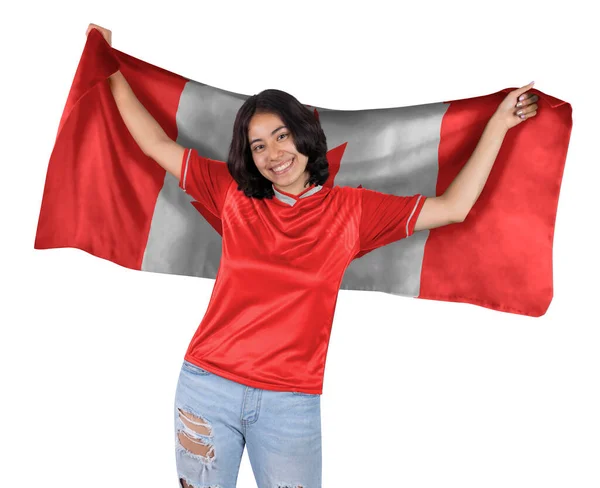 Jonge Voetbalfanatieke Vrouw Met Rode Sporttrui Vlag Naar Canada Zijn — Stockfoto