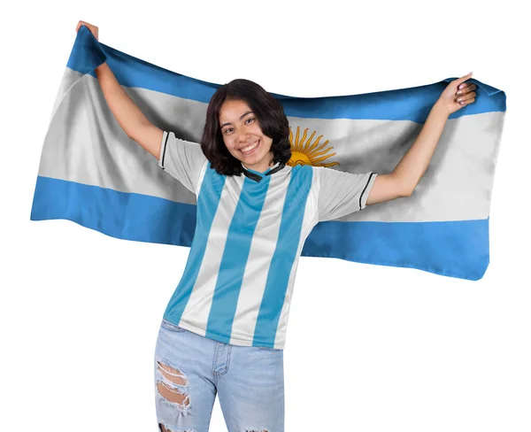 Νεαρή Ποδοσφαιρόφιλη Γυναίκα Λευκή Και Γαλάζια Αθλητική Φανέλα Και Σημαία — Φωτογραφία Αρχείου