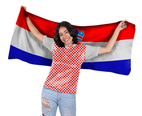 Юна Футбольна Фанатична Жінка Червоною Білою Спортивною Майкою Прапором Хорватії — стокове фото