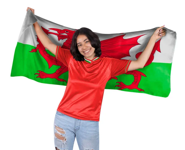 Mladý Fotbalový Fanatik Žena Červeným Sportovním Dresem Vlajkou Walesu Rukou — Stock fotografie