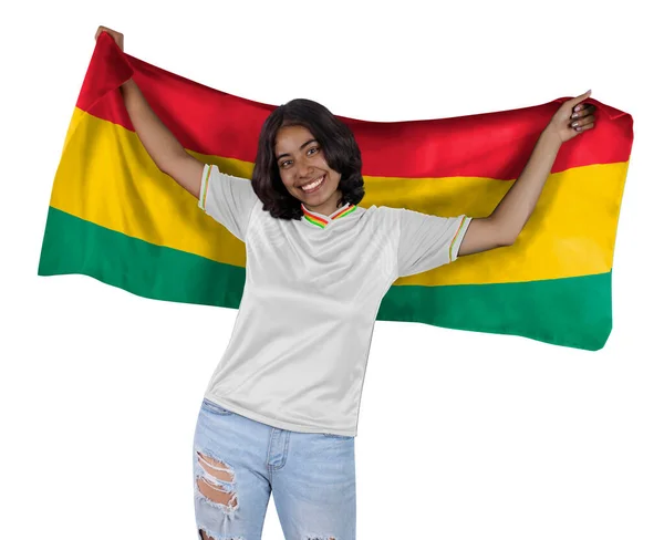Mladý Fotbalový Fanatik Žena Bílým Sportovním Dresem Vlajkou Ghana Rukou — Stock fotografie