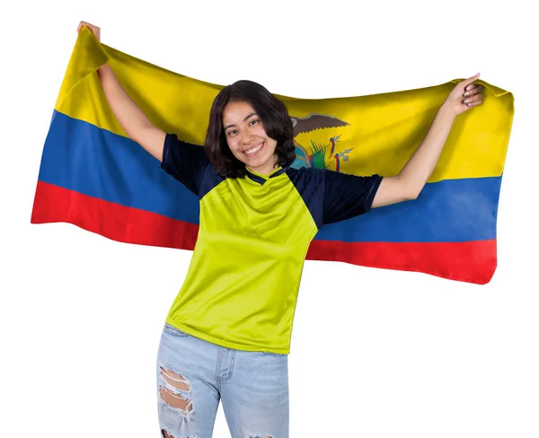 Joven Fanática Del Fútbol Con Camiseta Deportiva Amarilla Bandera Ecuador —  Fotos de Stock