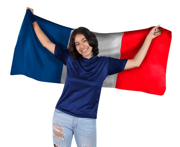 Jonge Voetbalfanatieke Vrouw Met Blauwe Sporttrui Vlag Naar Frankrijk Zijn — Stockfoto