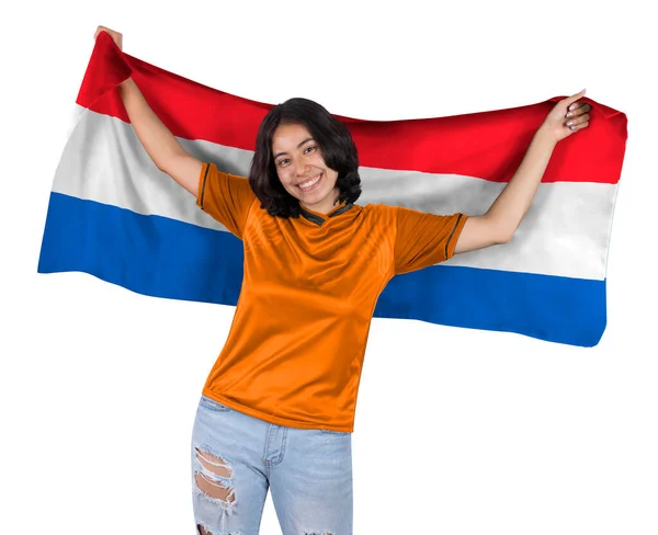 Νεαρή Φανατική Ποδοσφαιριστής Πορτοκαλί Αθλητική Φανέλα Και Σημαία Στην Ολλανδία — Φωτογραφία Αρχείου