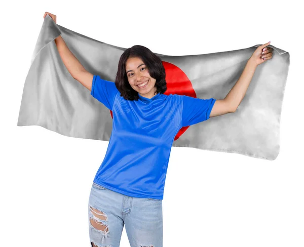 Νεαρή Ποδοσφαιρόφιλη Γυναίκα Μπλε Αθλητική Φανέλα Και Σημαία Στην Ιαπωνία — Φωτογραφία Αρχείου