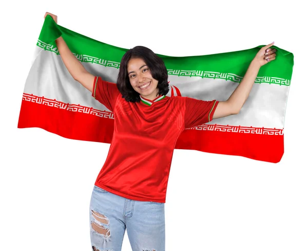 Jonge Voetbalfanatieke Vrouw Met Rode Sporttrui Vlag Naar Iran Zijn — Stockfoto