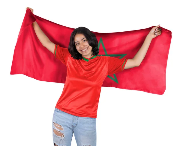 Молодой Футбольный Фанатик Красной Спортивной Майкой Флагом Марокко Руках Радующийся — стоковое фото