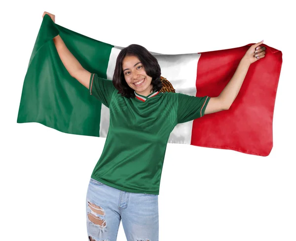 年轻的足球狂热者手里拿着绿色运动衫和墨西哥国旗 为他最喜爱的球队的胜利感到高兴 — 图库照片