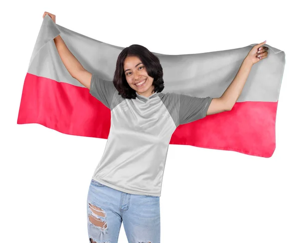年轻的足球狂热者手里拿着白灰相间的运动衫和波兰国旗 为他最喜爱的球队的胜利感到高兴 — 图库照片