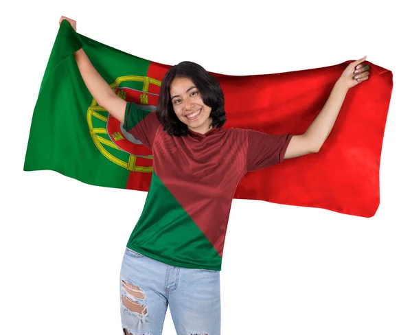 Fiatal Futball Fanatikus Piros Zöld Sport Mez Zászló Portugália Kezében — Stock Fotó
