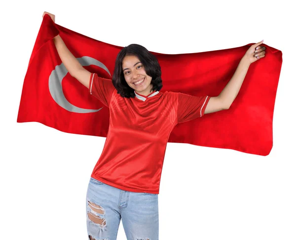 年轻的足球狂热者手里拿着红色运动衫和突尼斯国旗 为他最喜爱的球队的胜利感到高兴 — 图库照片