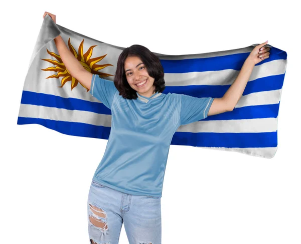 Молодой Футбольный Фанатик Голубой Спортивной Майкой Флагом Уругвая Руках Радующийся — стоковое фото