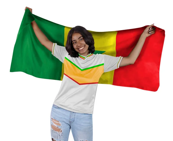 Fiatal Futball Fanatikus Fehér Sport Mez Zászló Szenegál Kezében Boldog — Stock Fotó